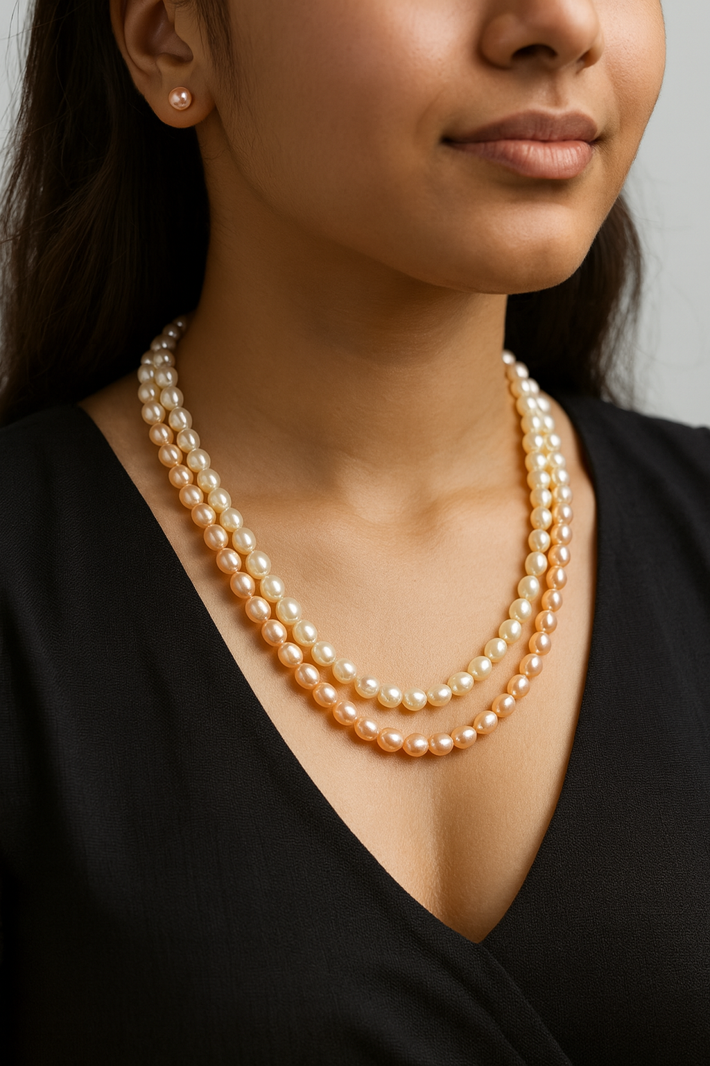 2 Layer rainbow peach, ivory, and onion pink oval PEARL Necklace with Tops