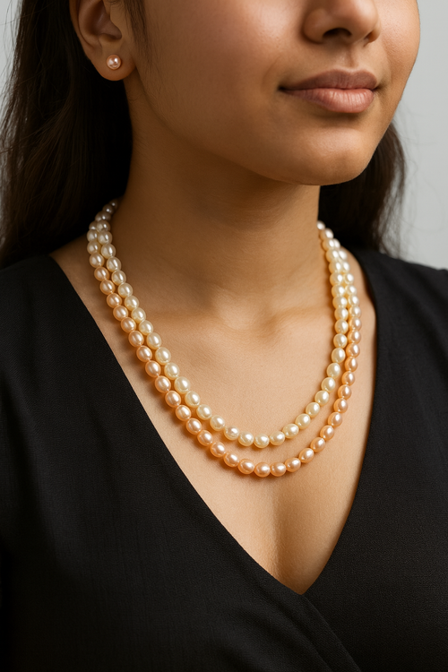 2 Layer rainbow peach, ivory, and onion pink oval PEARL Necklace with Tops