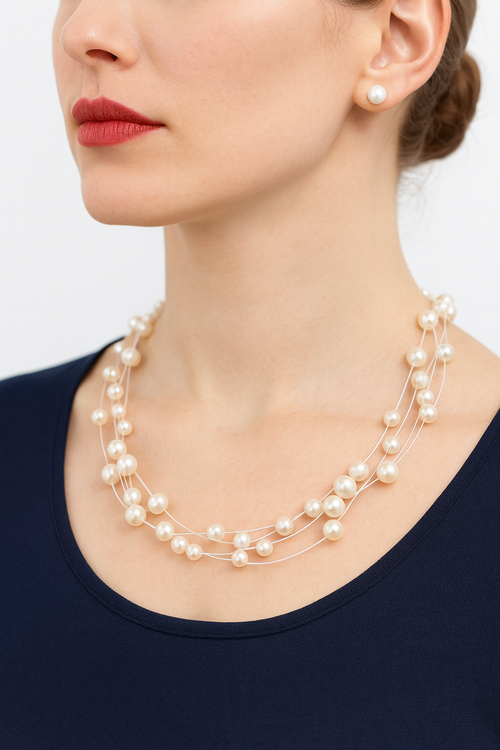 5 String White Oval Pearl Necklace with Tops