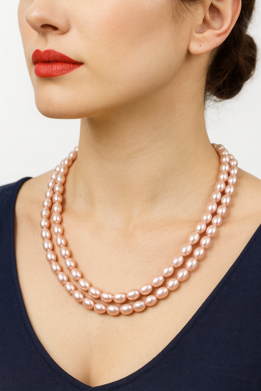 Fancy Pink, Double layer,oval Pearl Necklace with Tops