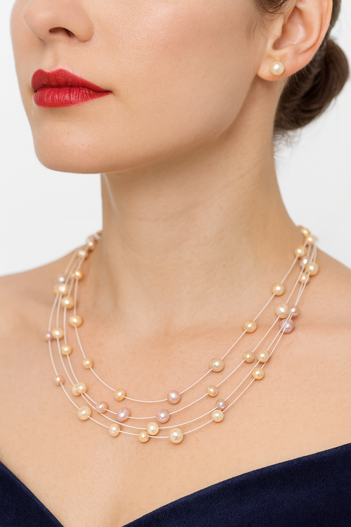 5  String Peach Pink Oval pearl Necklace with Tops