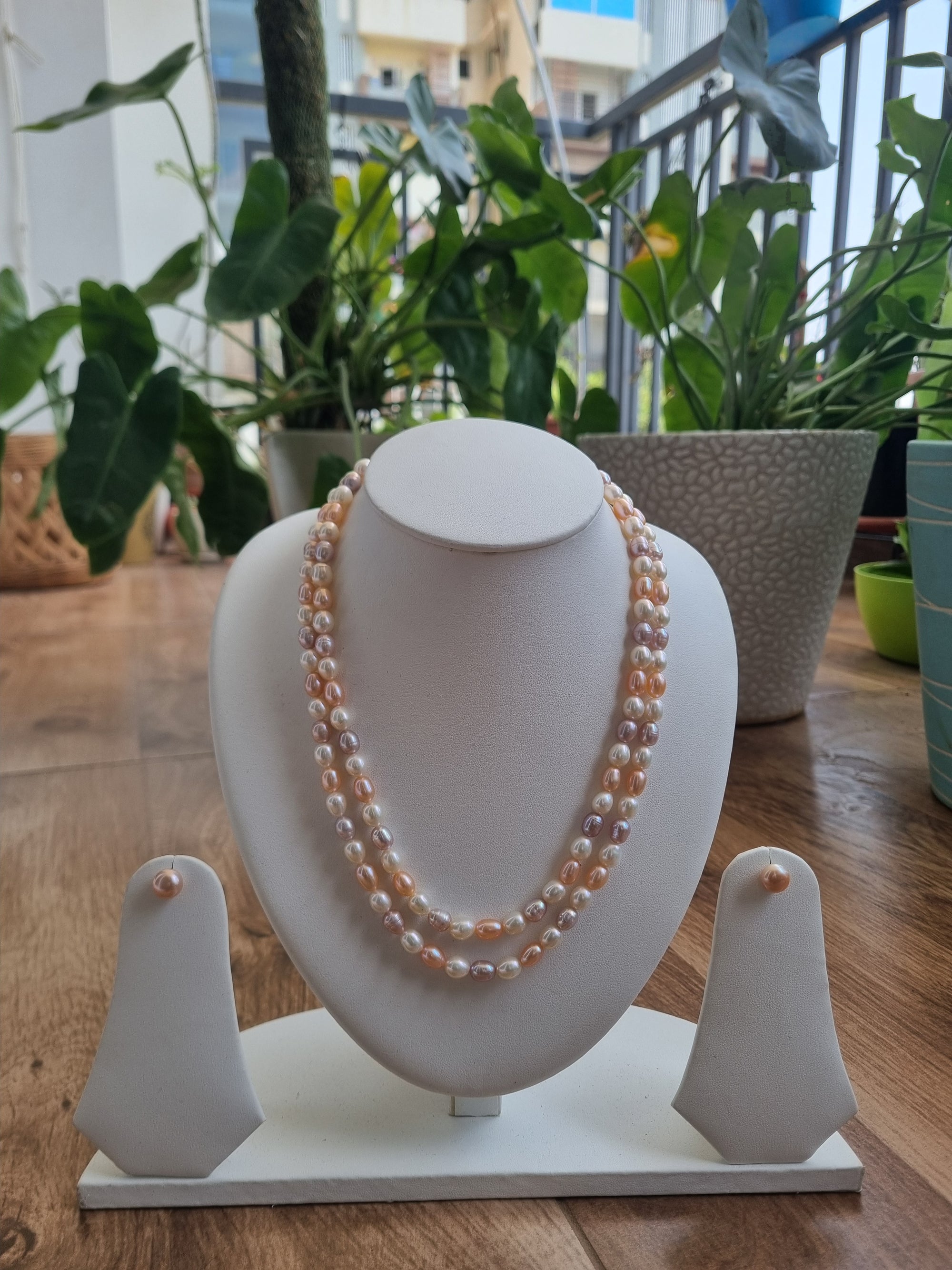 Double layer Rimjhim ,Ivory, peach and onion pink oval pearl PEARL necklace with Tops