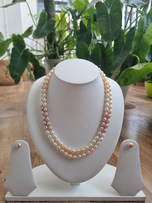 2 Layer rainbow peach, ivory, and onion pink oval PEARL Necklace with Tops