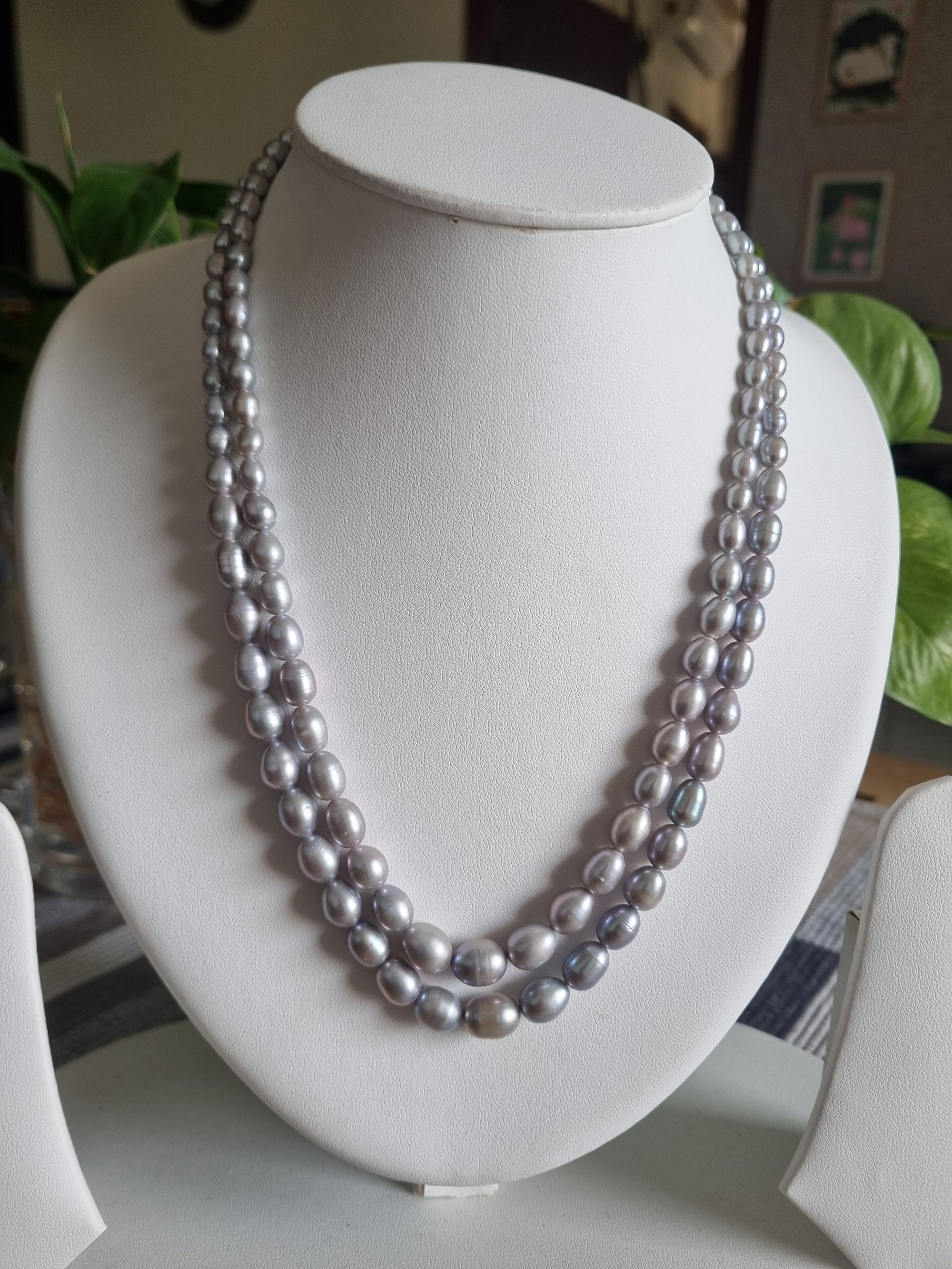 Double layer grey oval gradation PEARL necklace with Tops