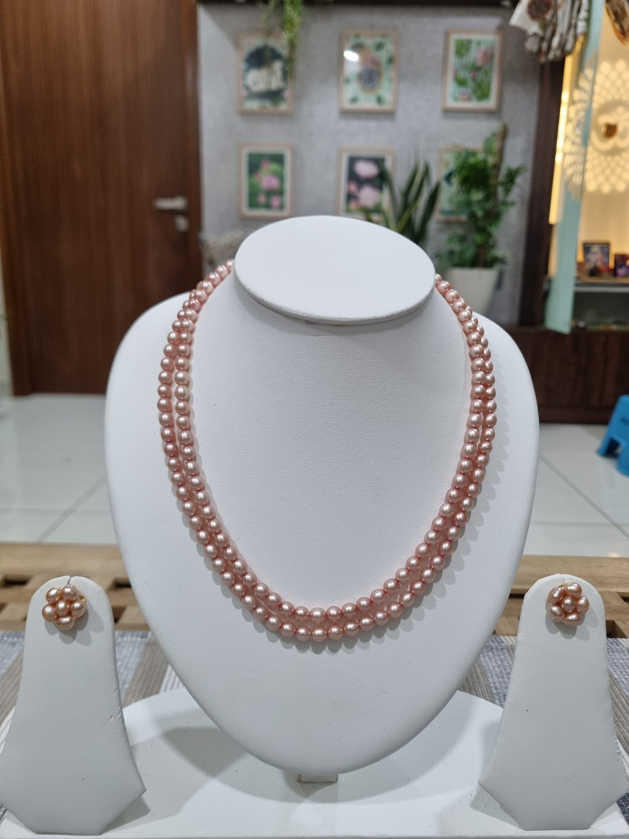Double layer rose pink oval Real Pearl necklace with Tops