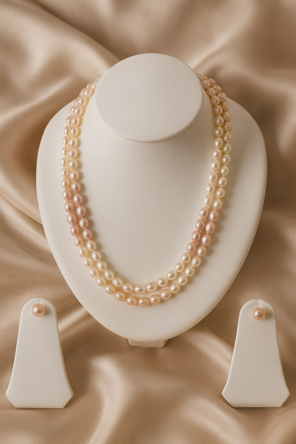 2 Layer rainbow peach, ivory, and onion pink oval PEARL Necklace with Tops