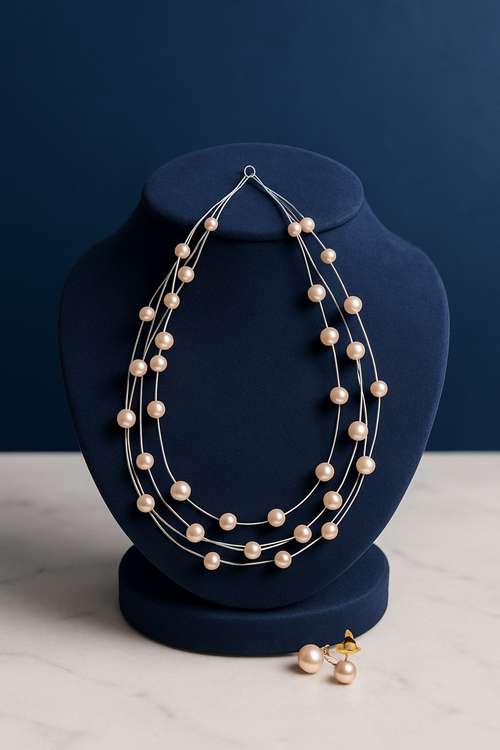 5  String Peach Pink Oval pearl Necklace with Tops