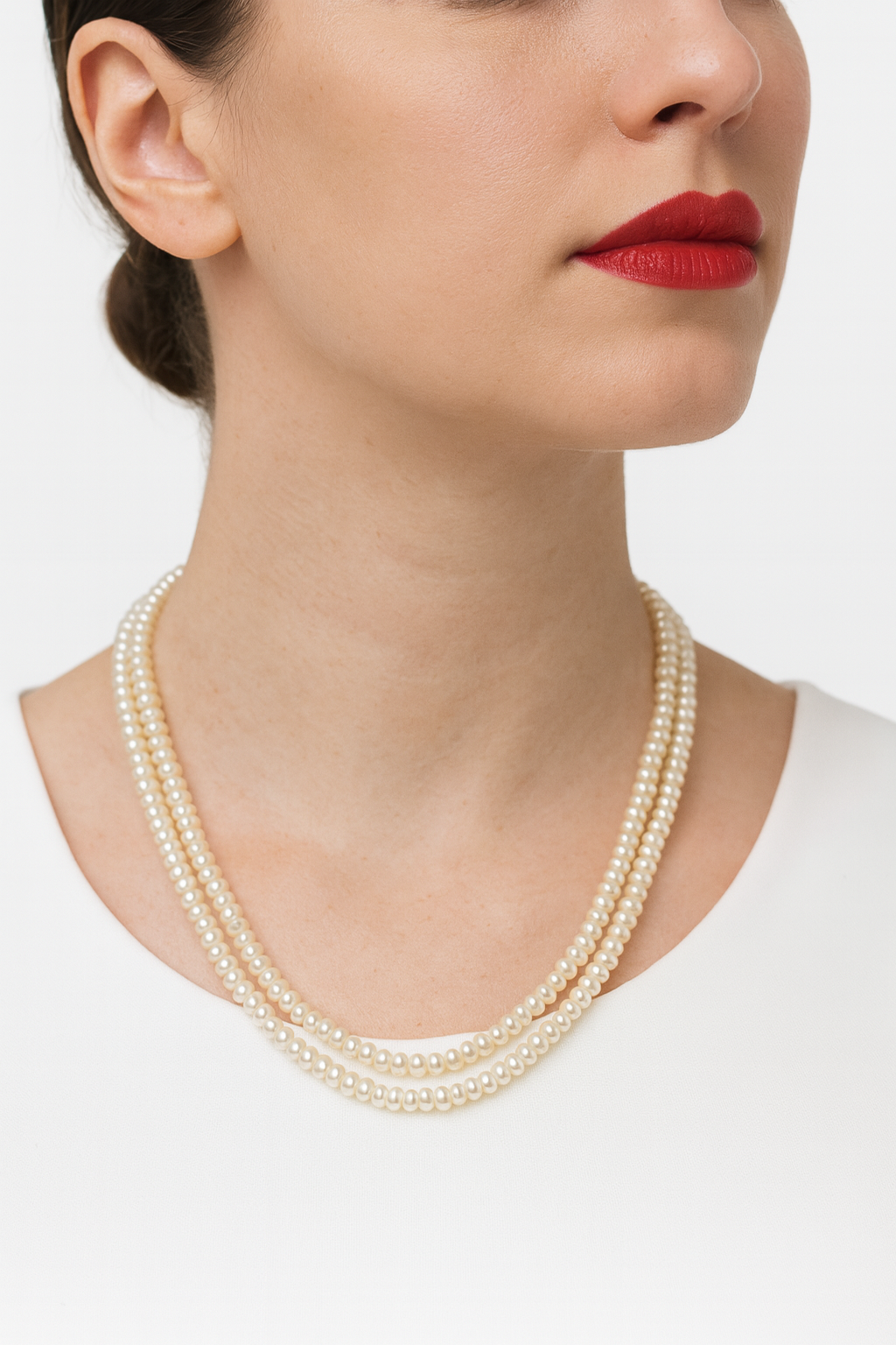 Double layer white color semi round pearl Necklace with Tops