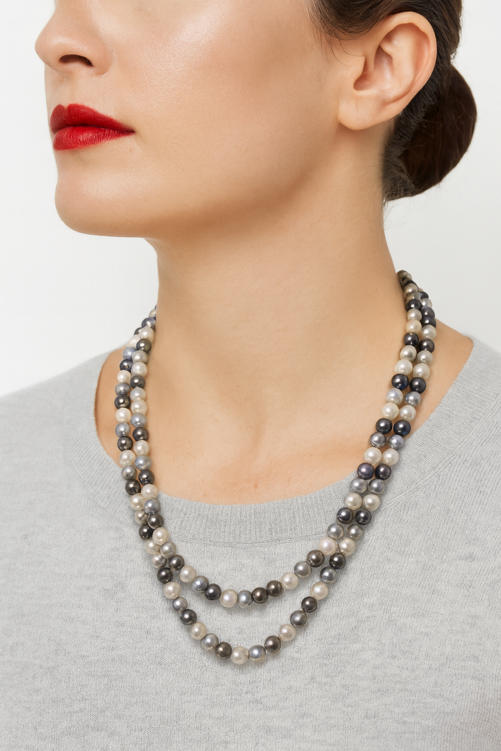 White Grey and Dark Grey Pearl Necklace with Tops