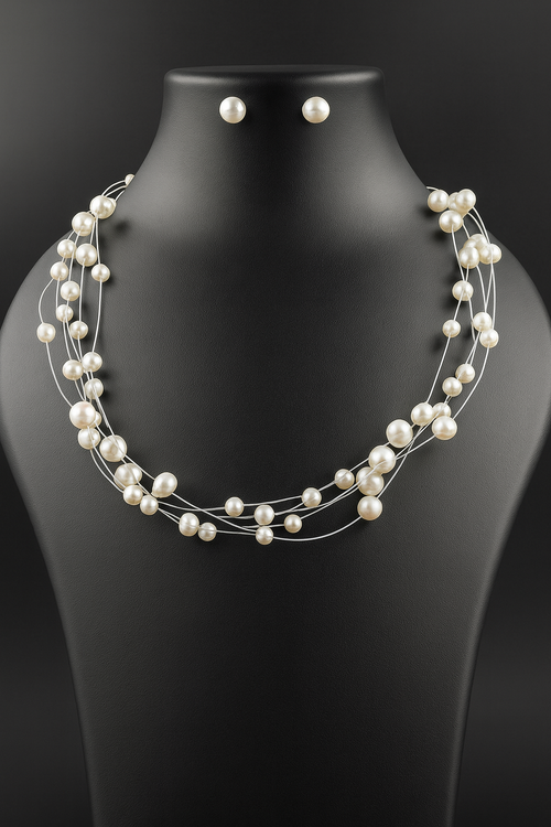 5 String White Oval Pearl Necklace with Tops