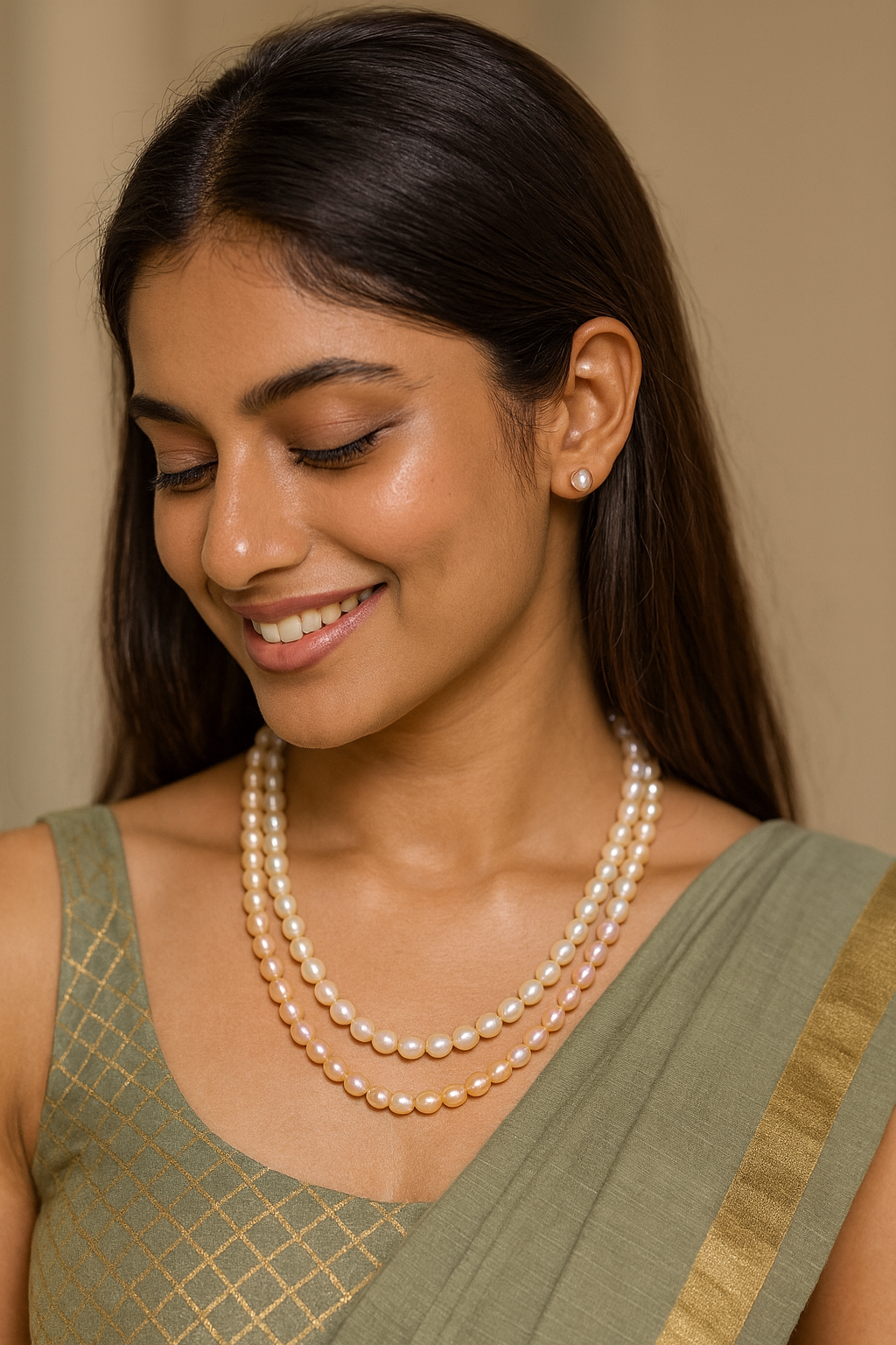 2 Layer rainbow peach, ivory, and onion pink oval PEARL Necklace with Tops