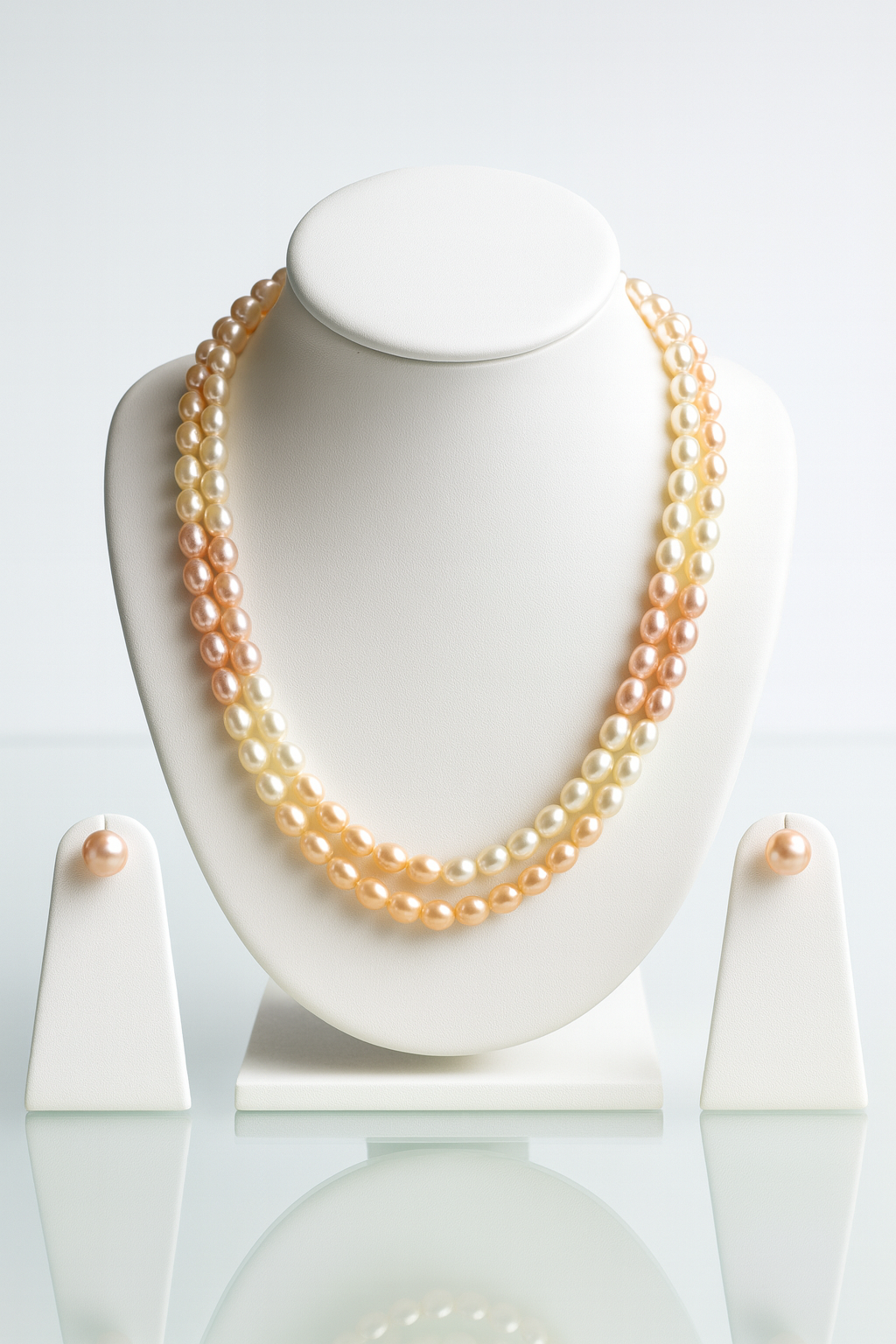 2 Layer rainbow peach, ivory, and onion pink oval PEARL Necklace with Tops