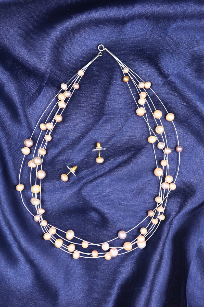5  String Peach Pink Oval pearl Necklace with Tops