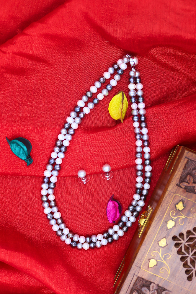 White Grey and Dark Grey Pearl Necklace with Tops