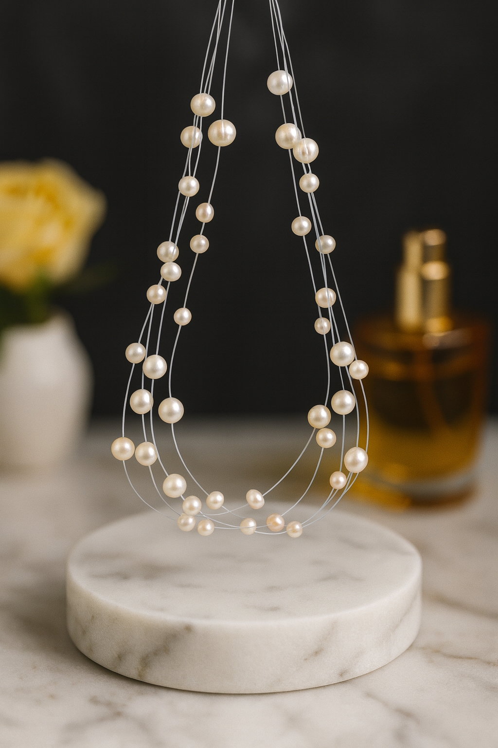 5 String White Oval Pearl Necklace with Tops