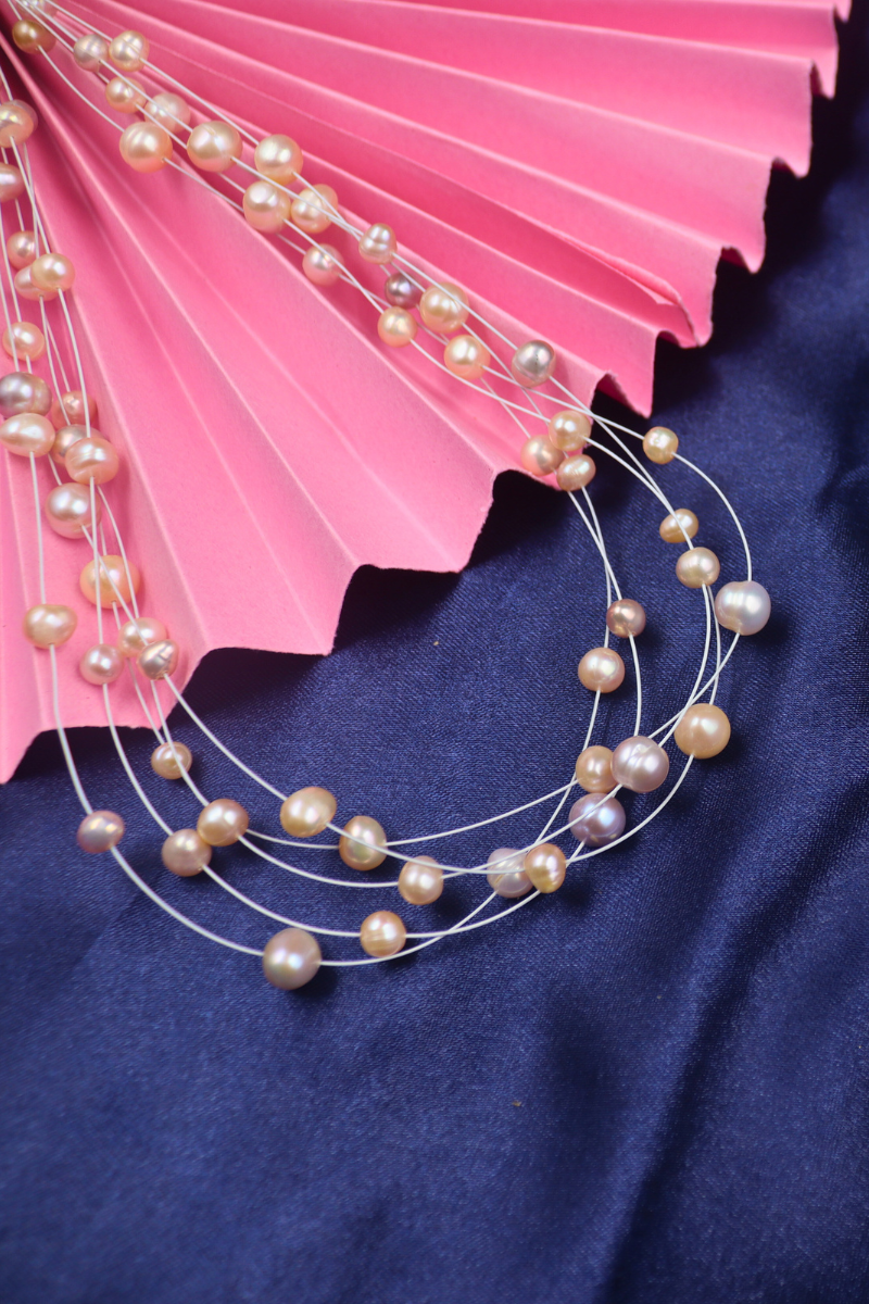 5  String Peach Pink Oval pearl Necklace with Tops
