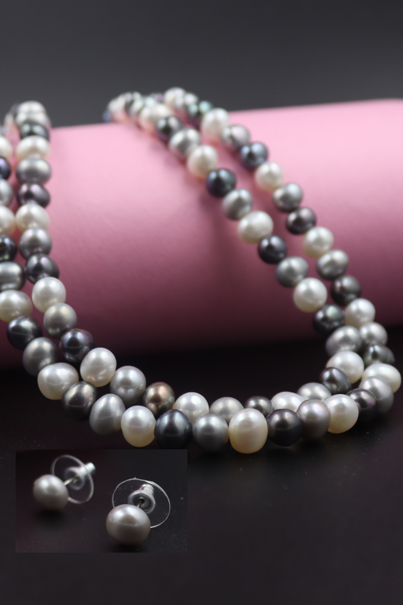 White Grey and Dark Grey Pearl Necklace with Tops