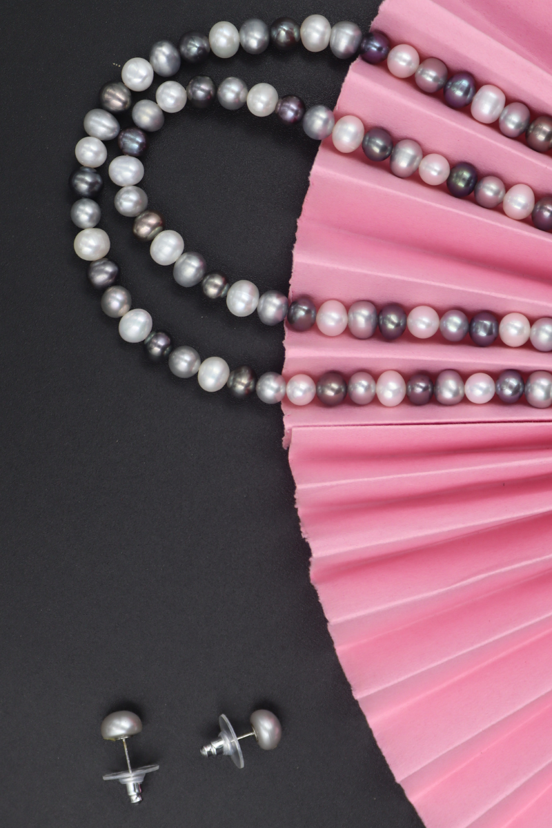 White Grey and Dark Grey Pearl Necklace with Tops
