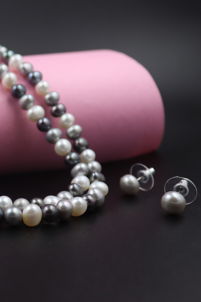 White Grey and Dark Grey Pearl Necklace with Tops