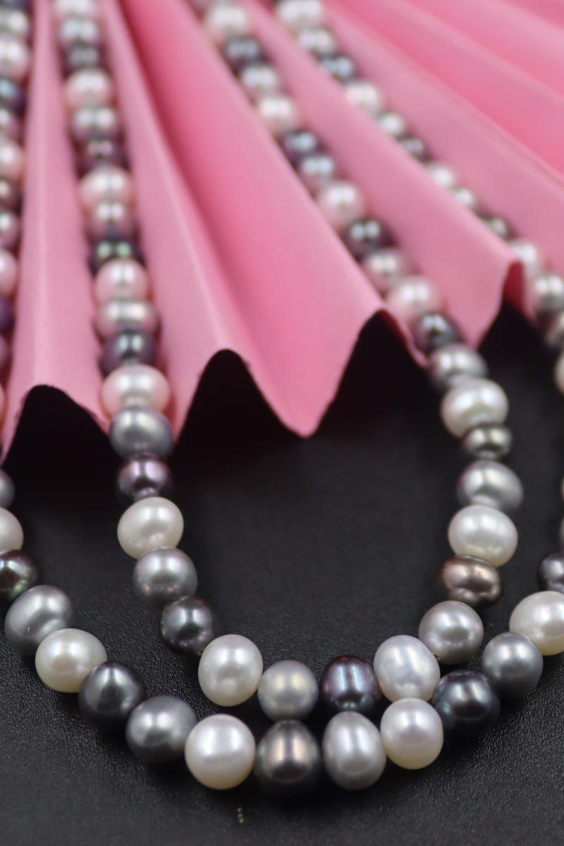 White Grey and Dark Grey Pearl Necklace with Tops